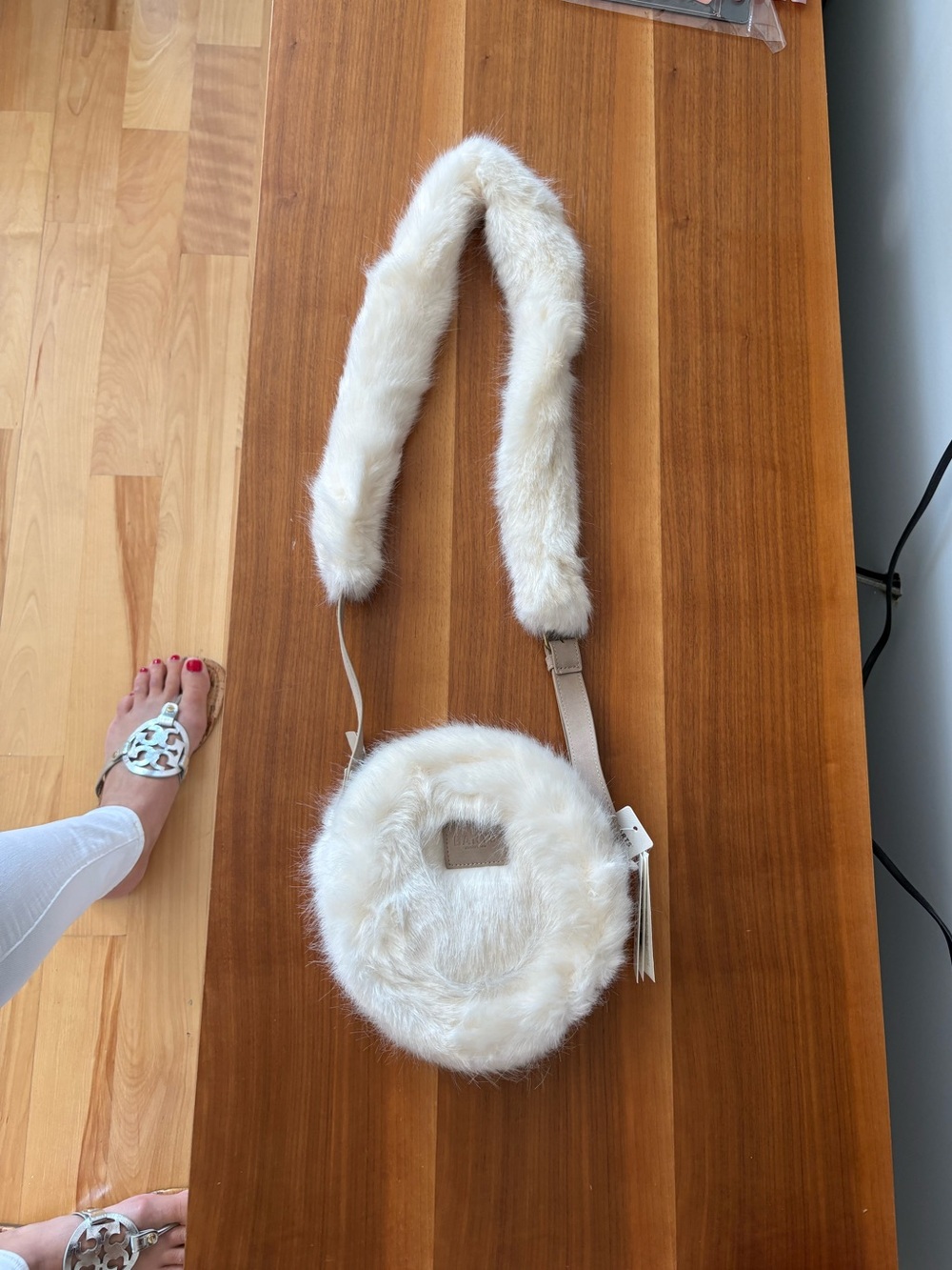Barts Cream Faux Fur Round Crossbody Bag with Plush Strap-NEW